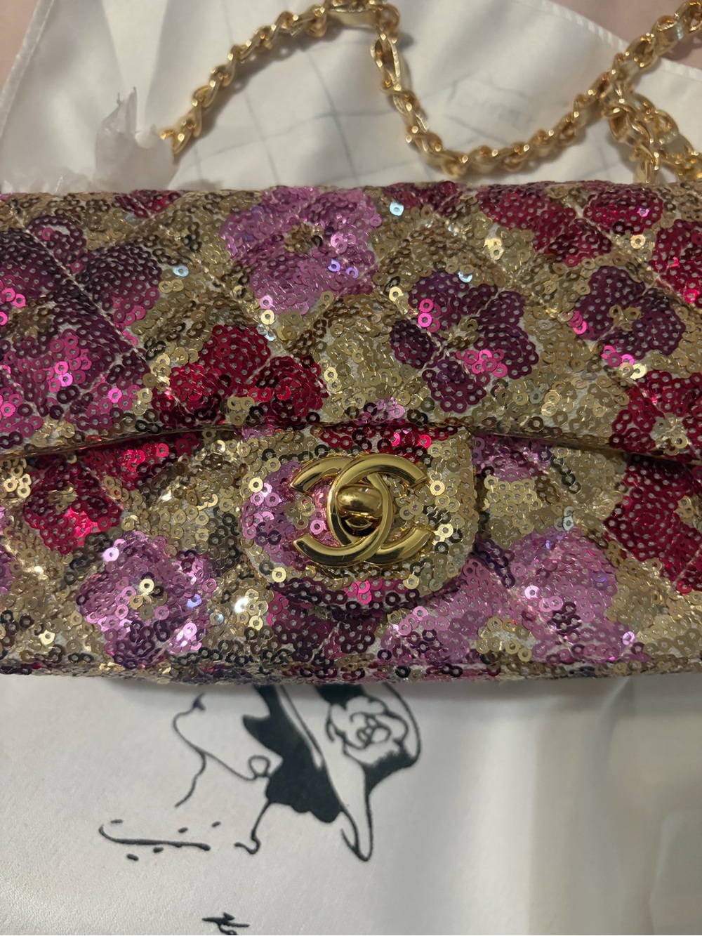 Fashion 24S Sequined Gold Floral Quilted Classic Leather Chain Shoulder Bag